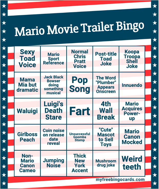 A bingo card full of terrible guesses about what would be in the Mario Movie, a horrifying number of which were correct